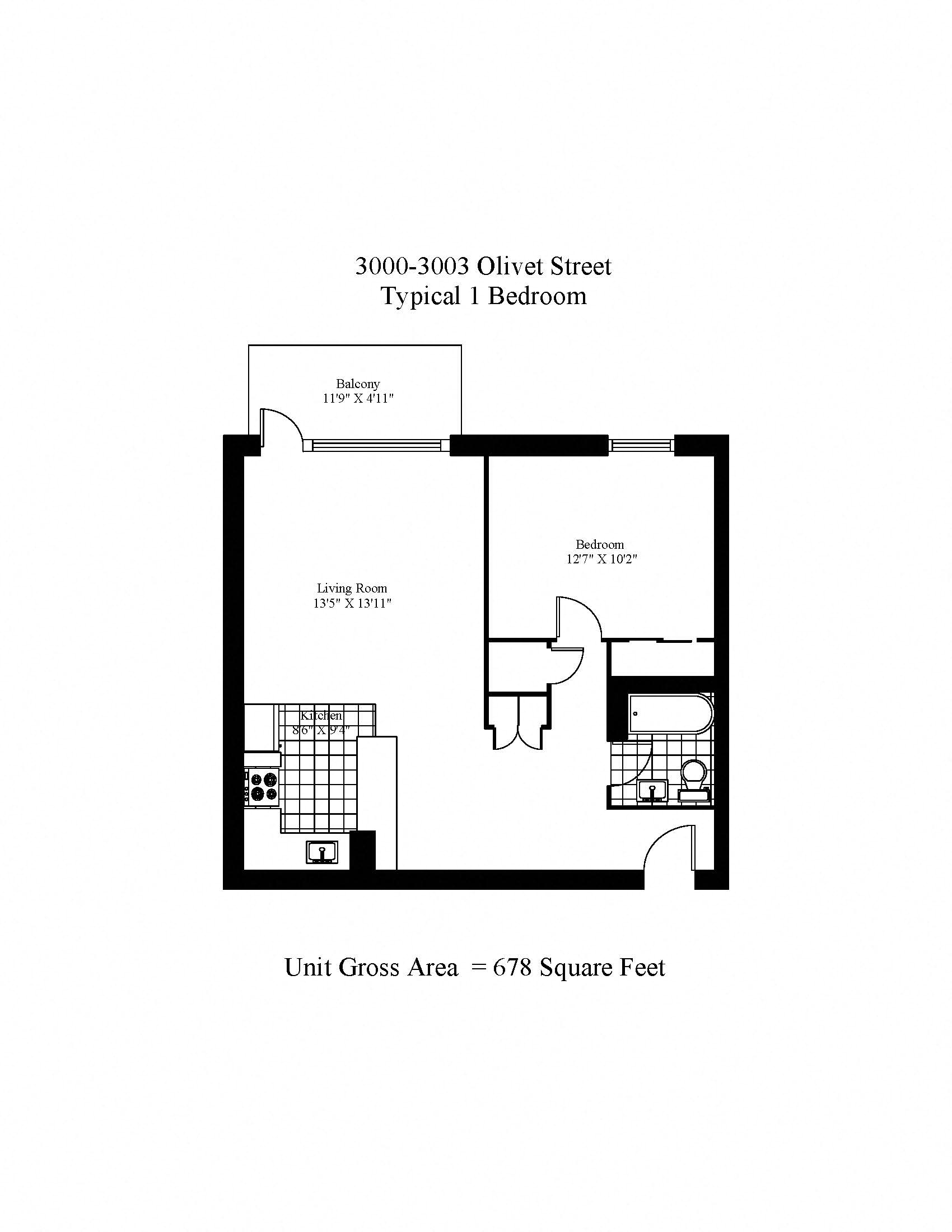 Floor plan for 1 bed, 1 bath, 678 sqft